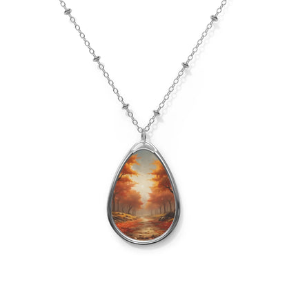 Oval Pendant Necklace with Autumn Landscape Art — Rustic Nature Teardrop Jewelry - One Size / Silver - Accessories