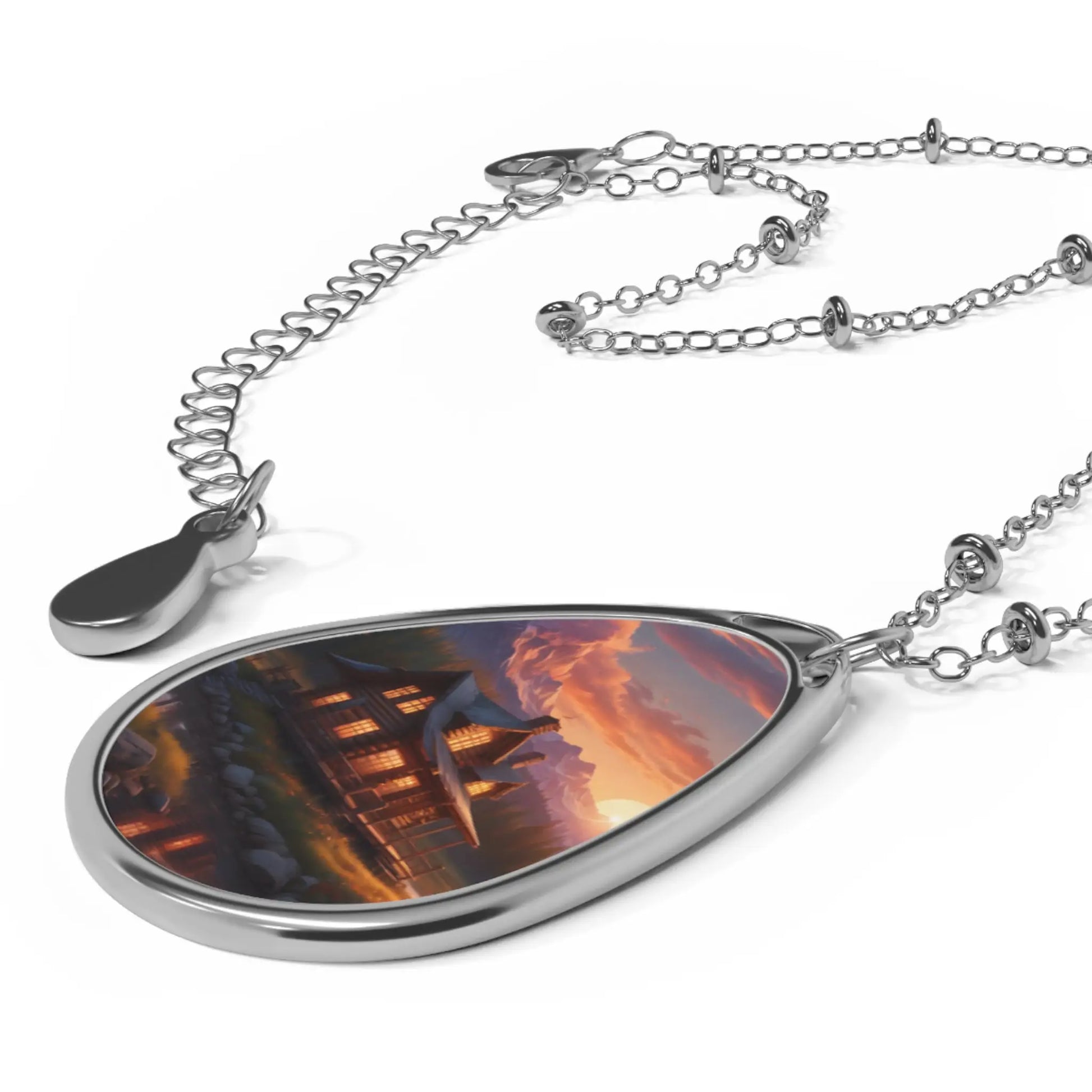 Oval Photo Necklace — Teardrop Rustic Cabin House at Sunset - One Size / Silver - Accessories