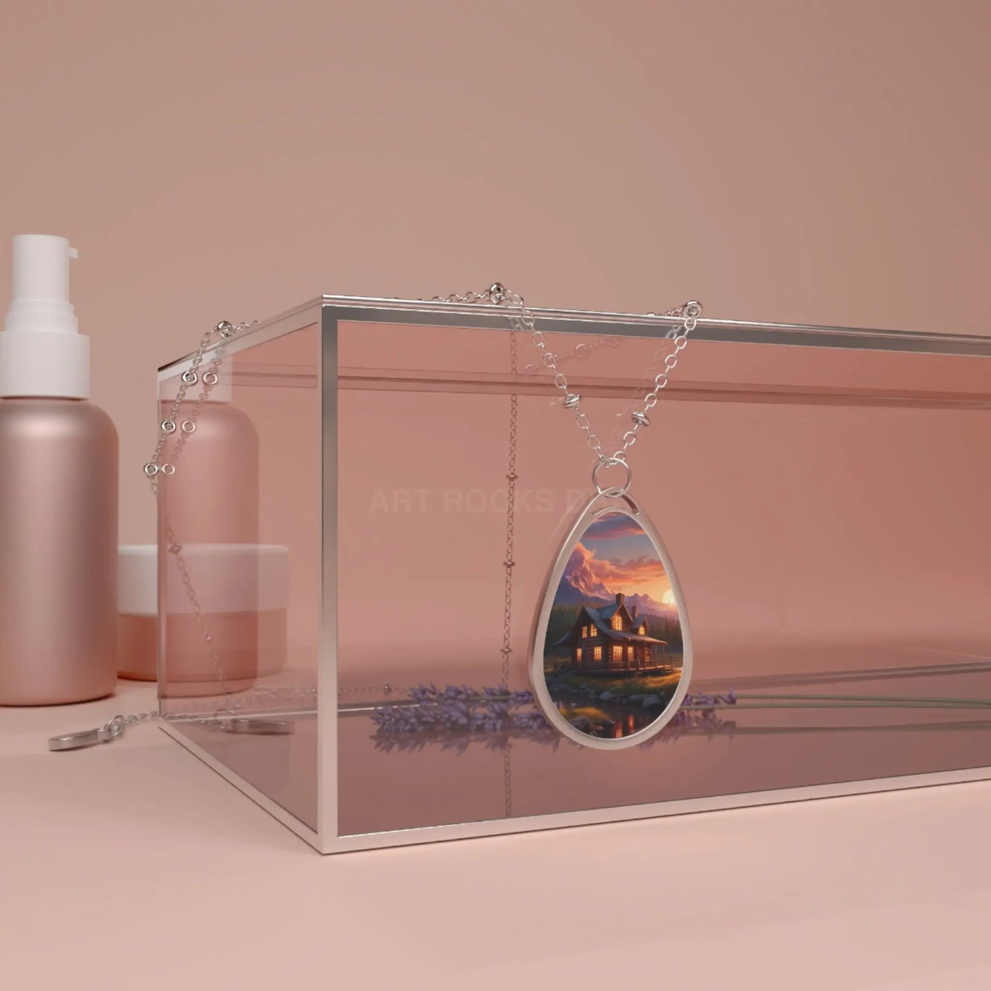 Oval Photo Necklace — Teardrop Rustic Cabin House at Sunset - One Size / Silver - Accessories