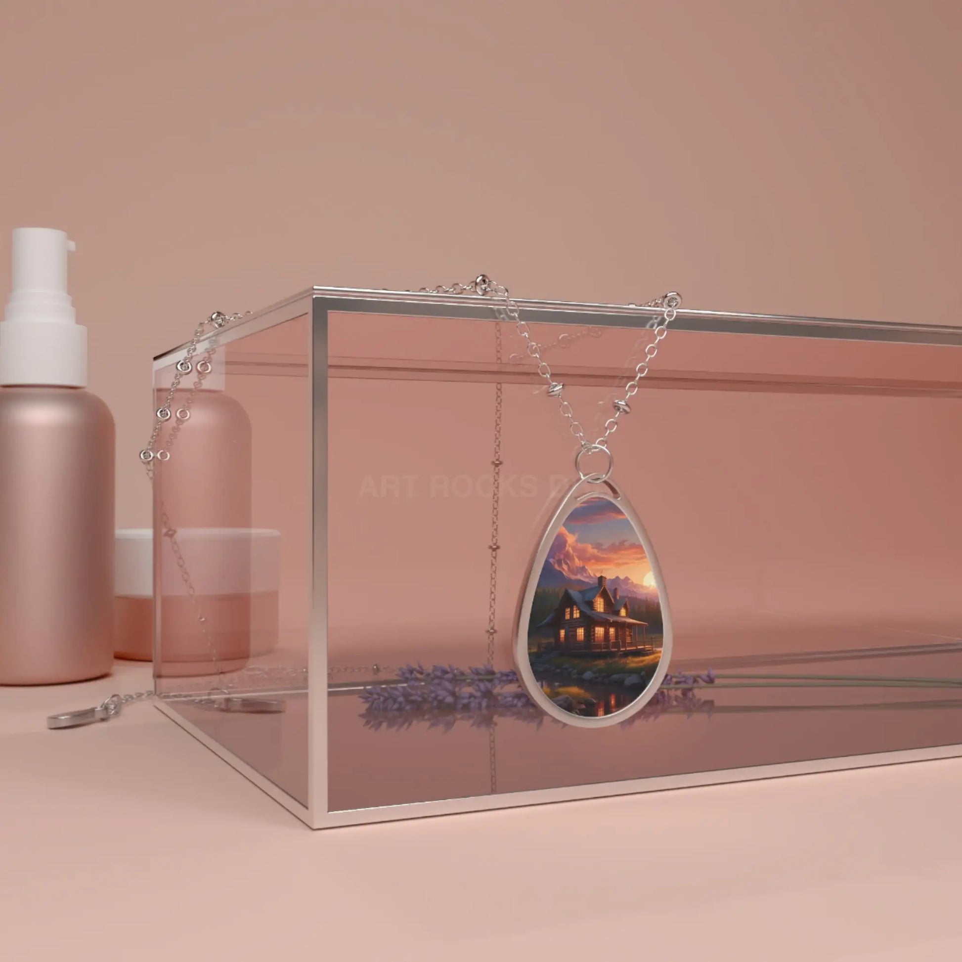 Oval Photo Necklace — Teardrop Rustic Cabin House at Sunset - One Size / Silver - Accessories