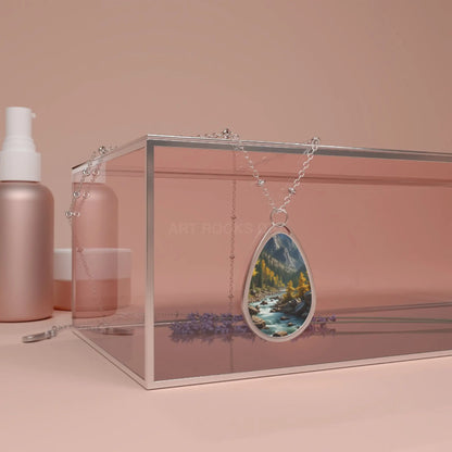 Oval River Scene Necklace — Silver Teardrop Pendant with Scenic Landscape - One Size / Silver - Accessories