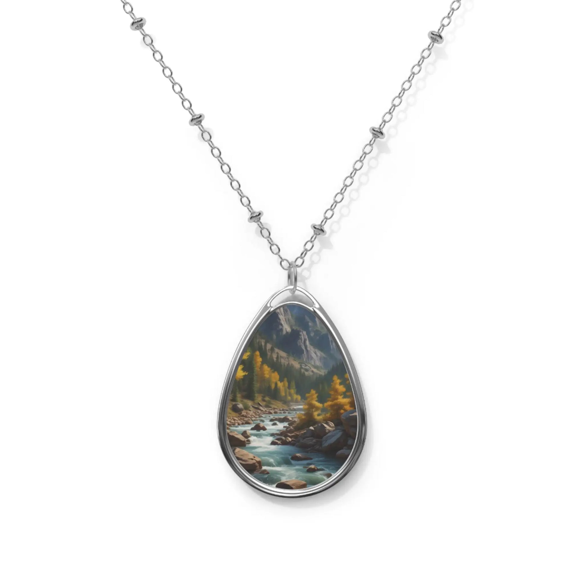 Oval River Scene Necklace — Silver Teardrop Pendant with Scenic Landscape - One Size / Silver - Accessories