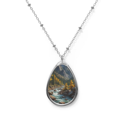 Oval River Scene Necklace — Silver Teardrop Pendant with Scenic Landscape - One Size / Silver - Accessories
