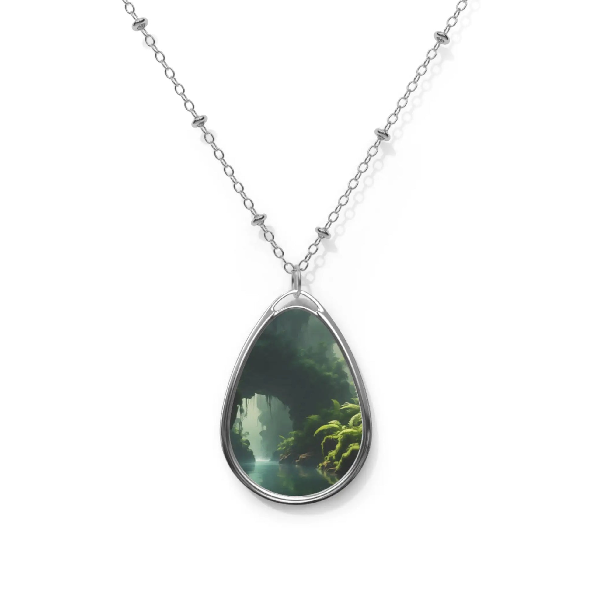 Oval Teardrop Pendant Necklace — Forest Mist Scenic Jewelry - One Size / Silver - Accessories
