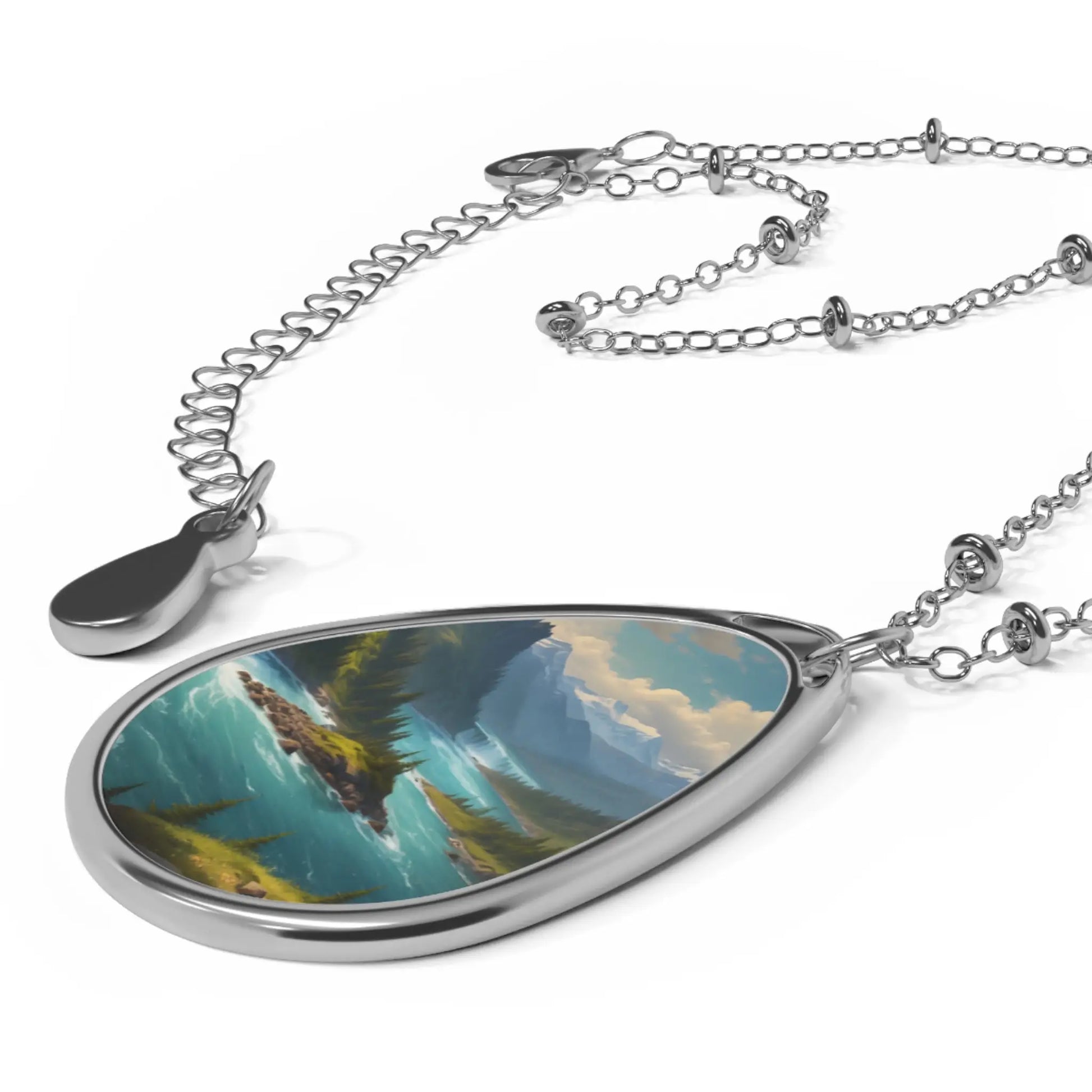Oval Teardrop Pendant Necklace — River in the Mountains with Pine Trees - One Size / Silver - Accessories