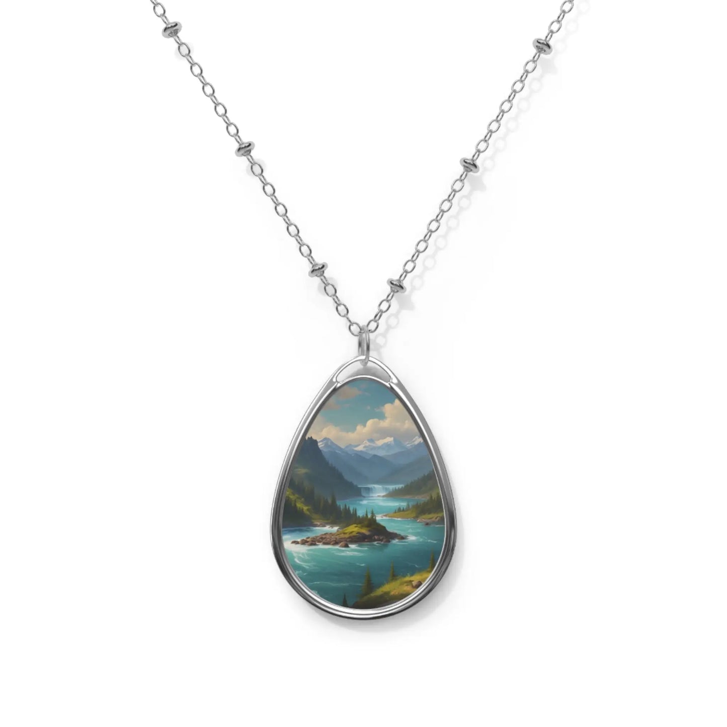 Oval Teardrop Pendant Necklace — River in the Mountains with Pine Trees - One Size / Silver - Accessories
