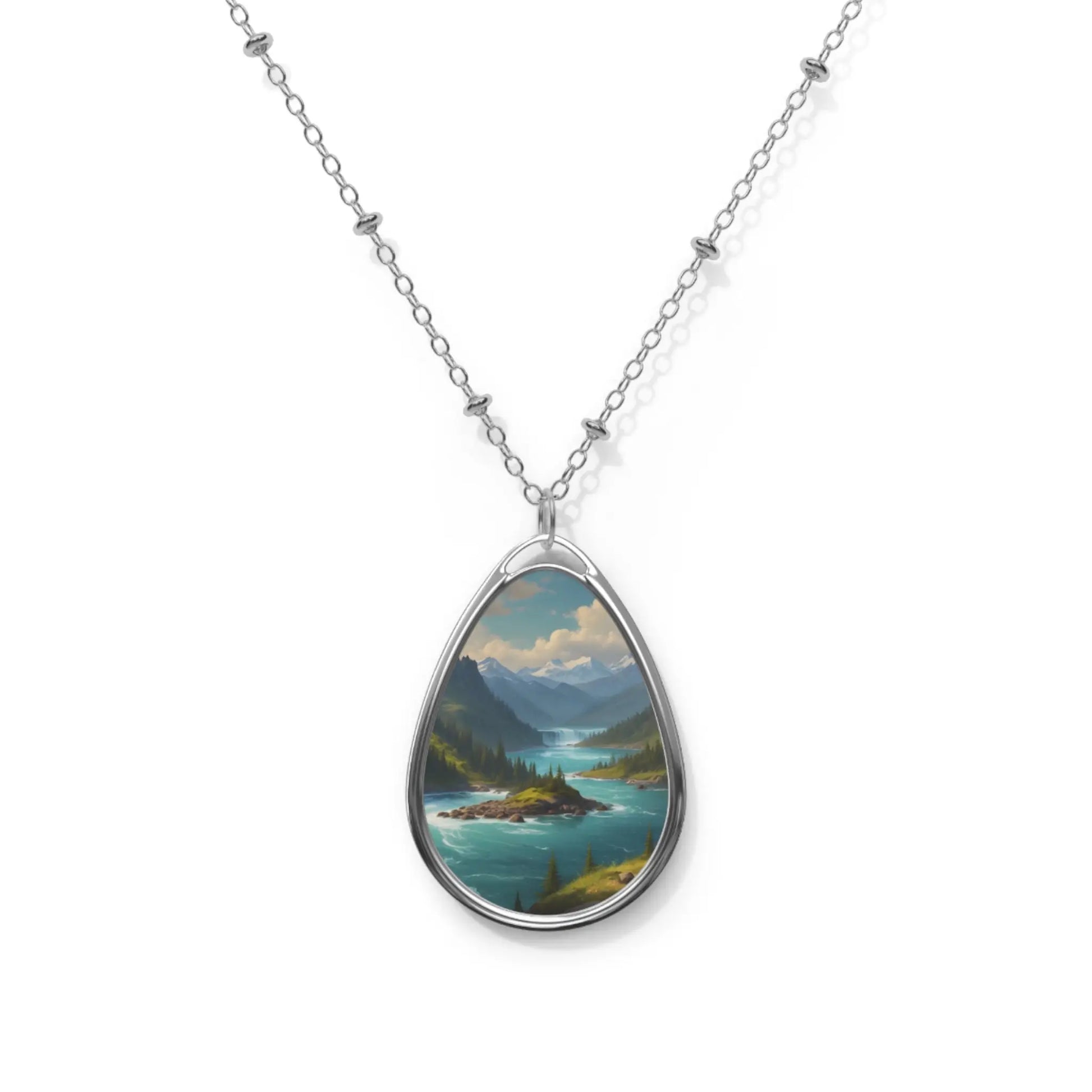 Oval Teardrop Pendant Necklace — River in the Mountains with Pine Trees - One Size / Silver - Accessories