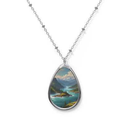 Oval Teardrop Pendant Necklace — River in the Mountains with Pine Trees - One Size / Silver - Accessories