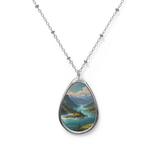 Oval Teardrop Pendant Necklace — River in the Mountains with Pine Trees - One Size / Silver - Accessories