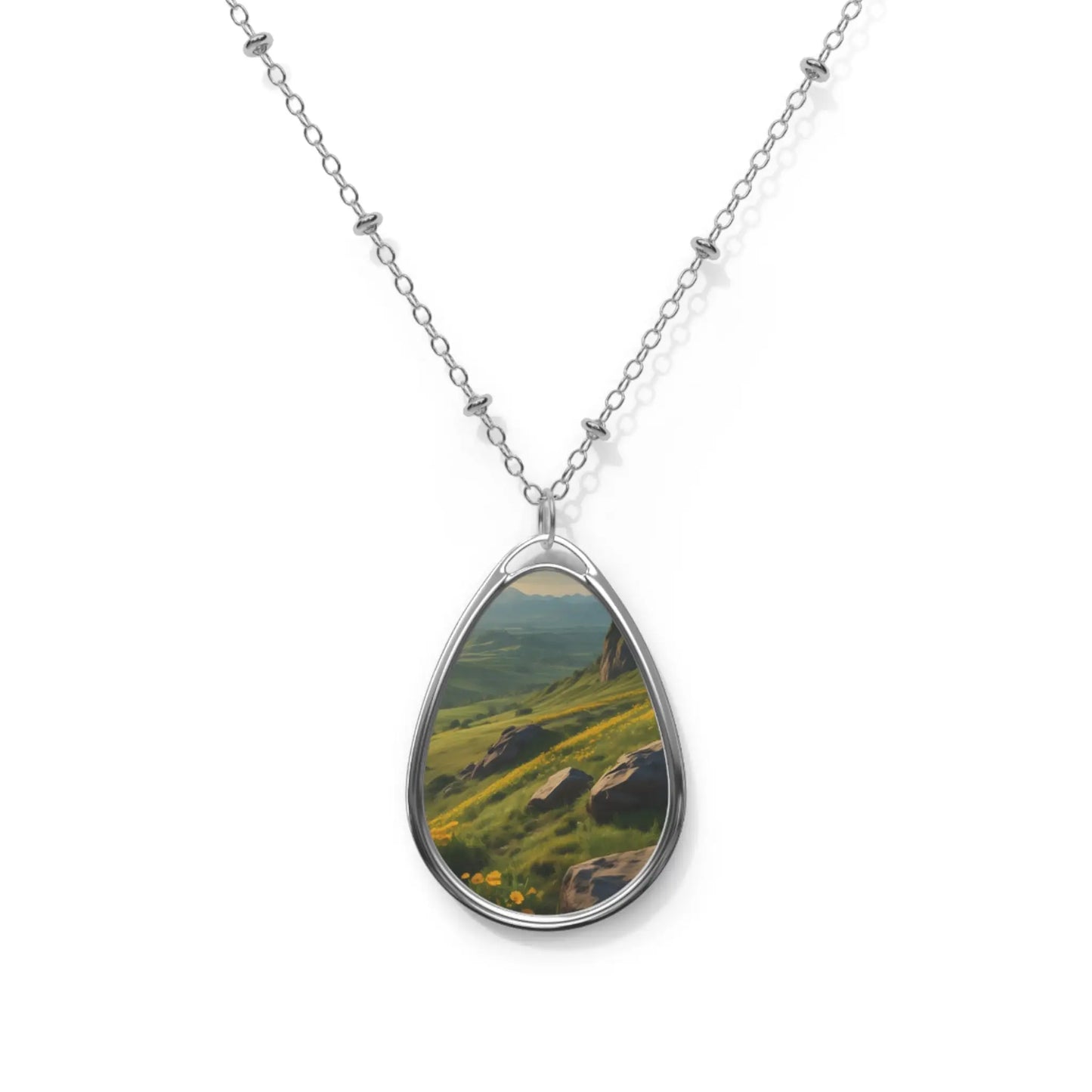 Oval Teardrop Pendant of Yellow Flower Mountainous Field - One Size / Silver - Accessories