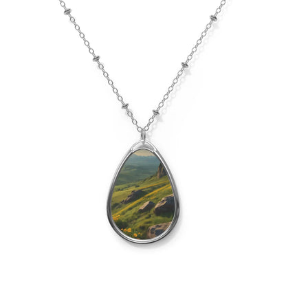Oval Teardrop Pendant of Yellow Flower Mountainous Field - One Size / Silver - Accessories