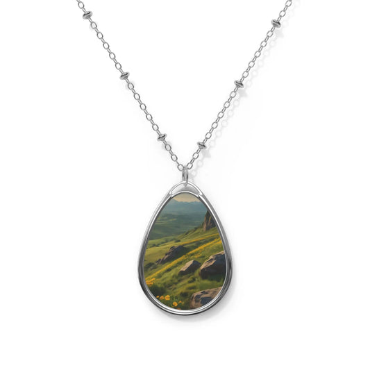 Oval Teardrop Pendant of Yellow Flower Mountainous Field - One Size / Silver - Accessories