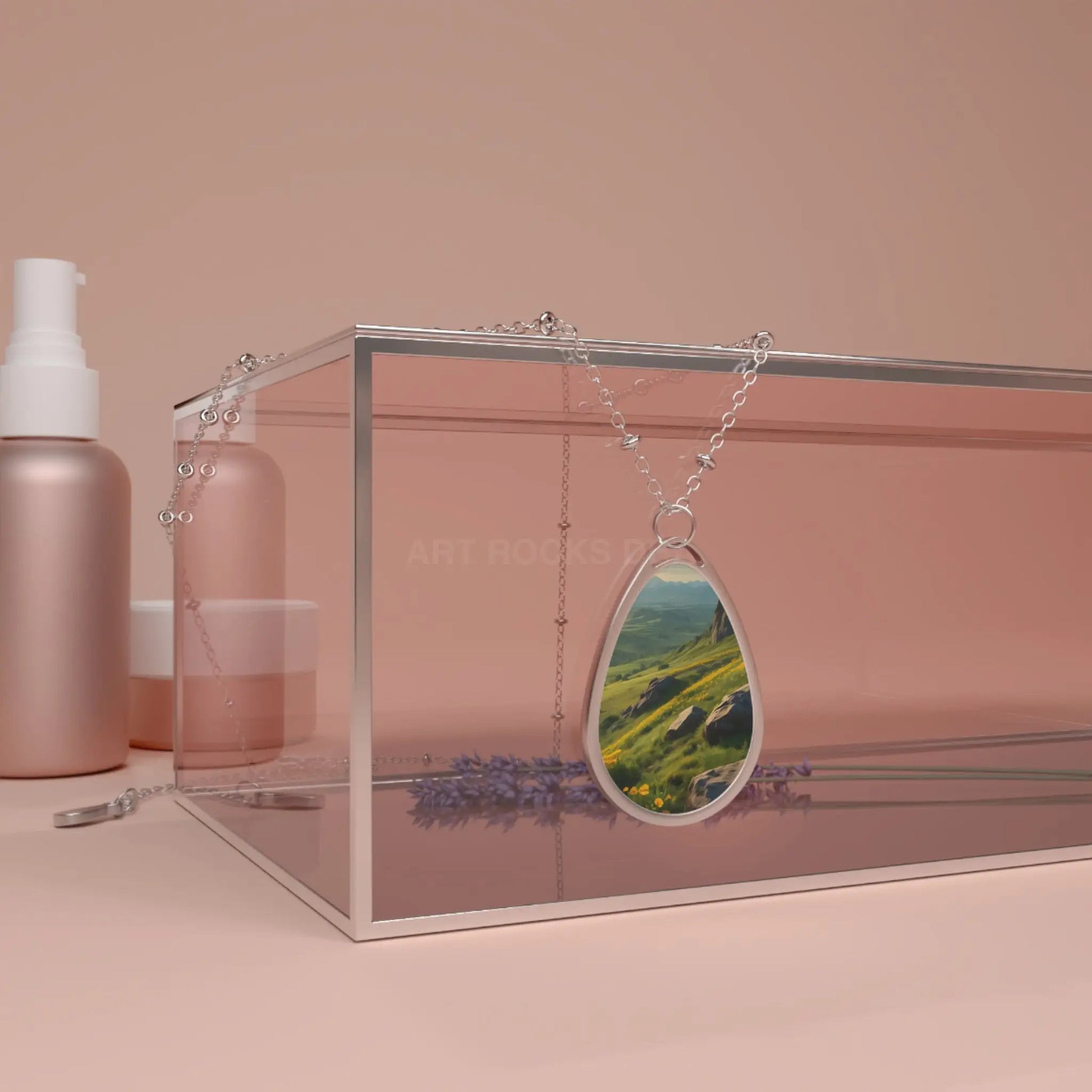 Oval Teardrop Pendant of Yellow Flower Mountainous Field - One Size / Silver - Accessories