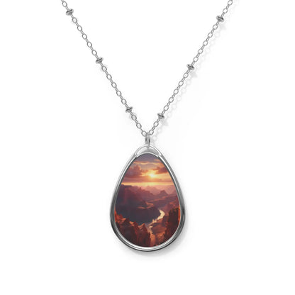 Oval Teardrop Sunset Necklace — Silver Oval Pendant with Mountain Sunset Art - One Size / Silver - Accessories