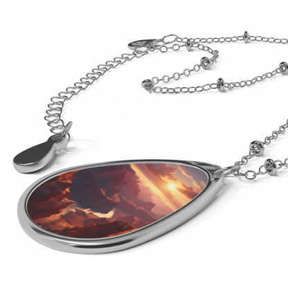 Oval Teardrop Sunset Necklace — Silver Oval Pendant with Mountain Sunset Art - One Size / Silver - Accessories
