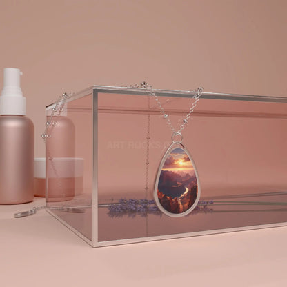 Oval Teardrop Sunset Necklace — Silver Oval Pendant with Mountain Sunset Art - One Size / Silver - Accessories