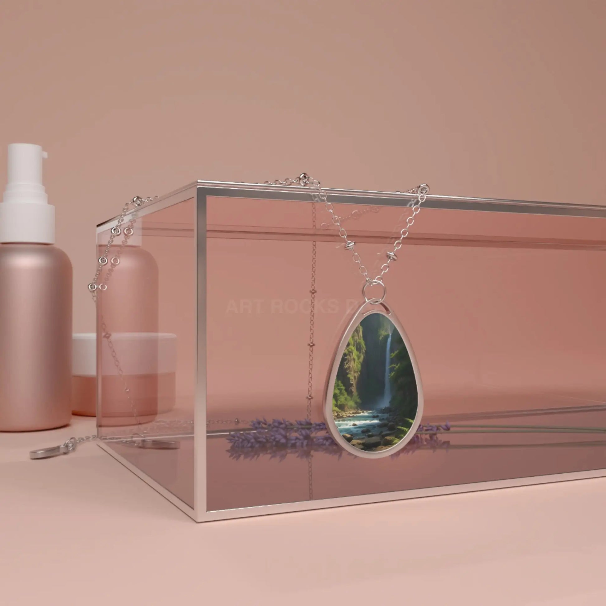 Oval Waterfall Pendant Necklace — Nature Photo Teardrop Necklace - One Size / Silver - Accessories