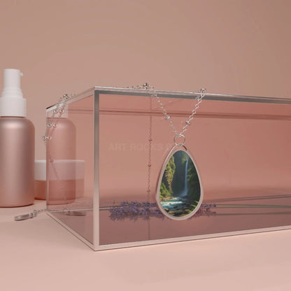 Oval Waterfall Pendant Necklace — Nature Photo Teardrop Necklace - One Size / Silver - Accessories