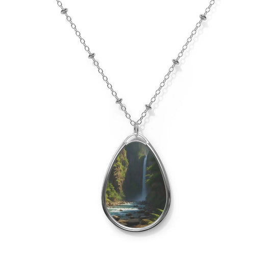 Oval Waterfall Pendant Necklace — Nature Photo Teardrop Necklace - One Size / Silver - Accessories