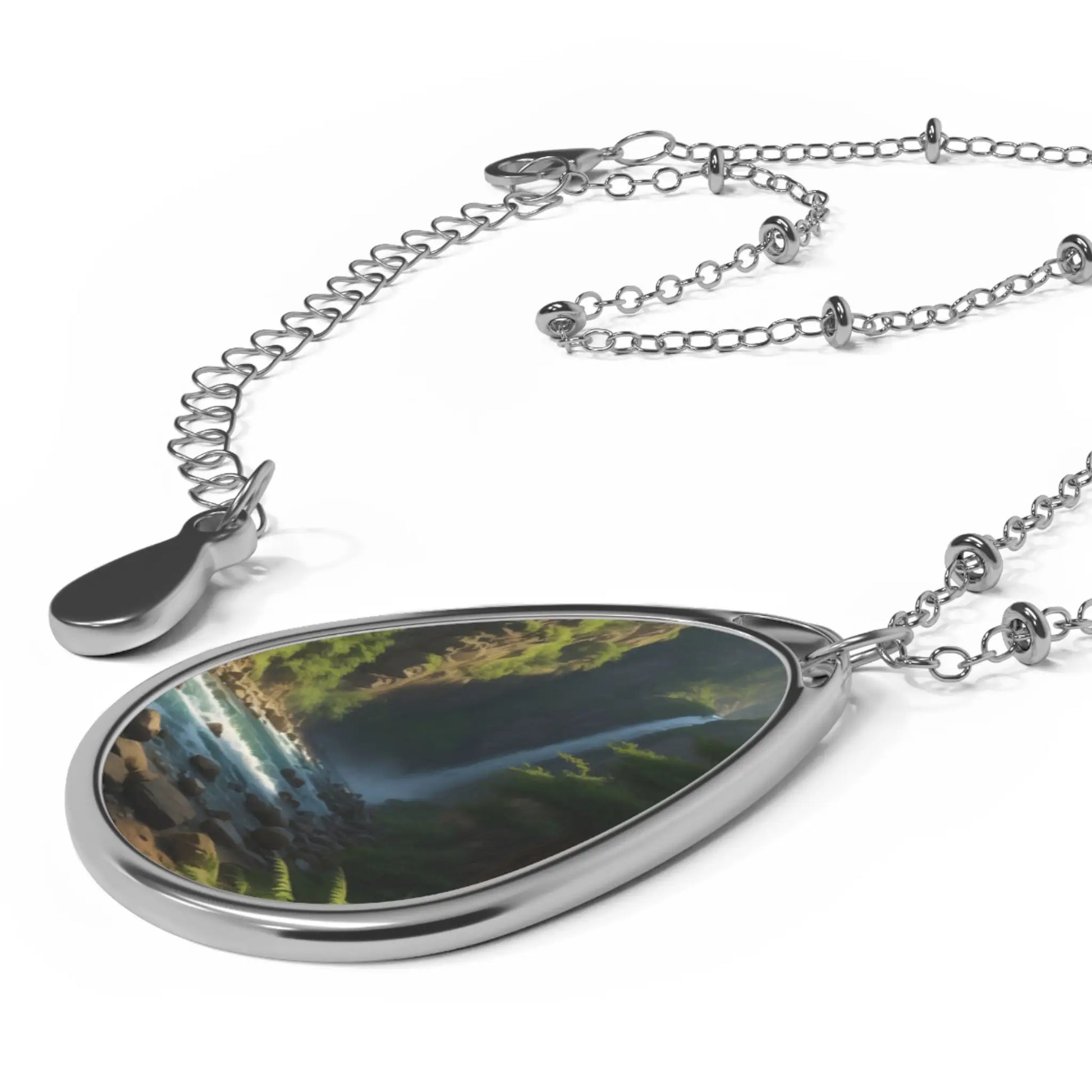 Oval Waterfall Pendant Necklace — Nature Photo Teardrop Necklace - One Size / Silver - Accessories