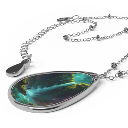 Oval Waterfall Pendant Necklace — Teardrop Scenic Nature Jewelry - One Size / Silver - Accessories