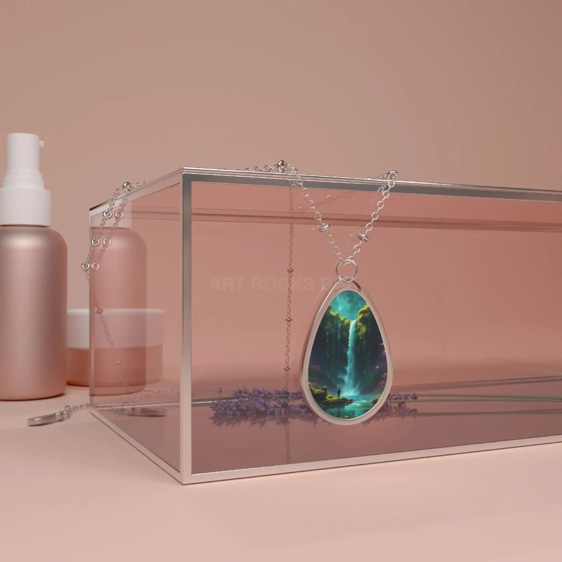 Oval Waterfall Pendant Necklace — Teardrop Scenic Nature Jewelry - One Size / Silver - Accessories