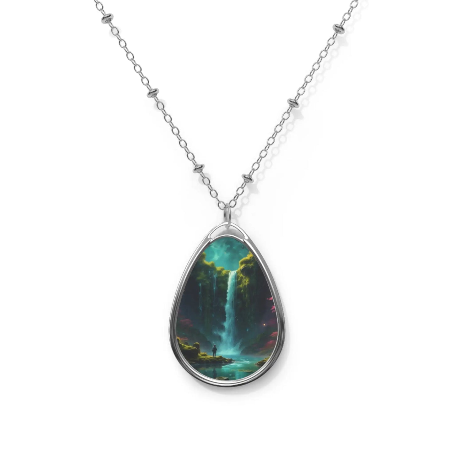 Oval Waterfall Pendant Necklace — Teardrop Scenic Nature Jewelry - One Size / Silver - Accessories