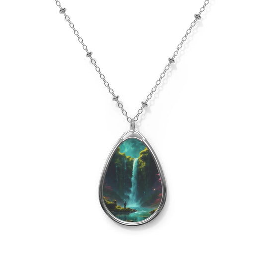 Oval Waterfall Pendant Necklace — Teardrop Scenic Nature Jewelry - One Size / Silver - Accessories