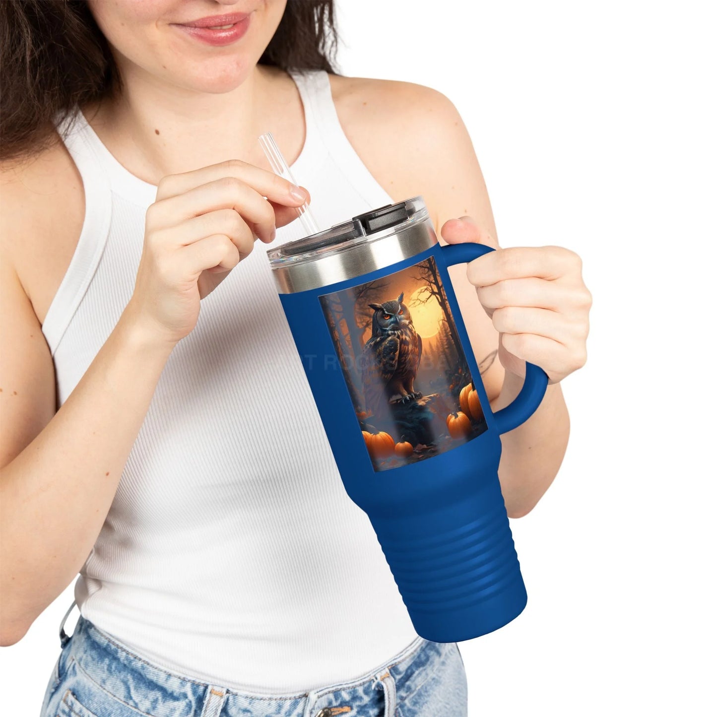 Owl in a Pumpkin Patch Insulated Travel Mug 40oz - Perfect for Nature Lovers Halloween Cozy Nights or Just a Daily