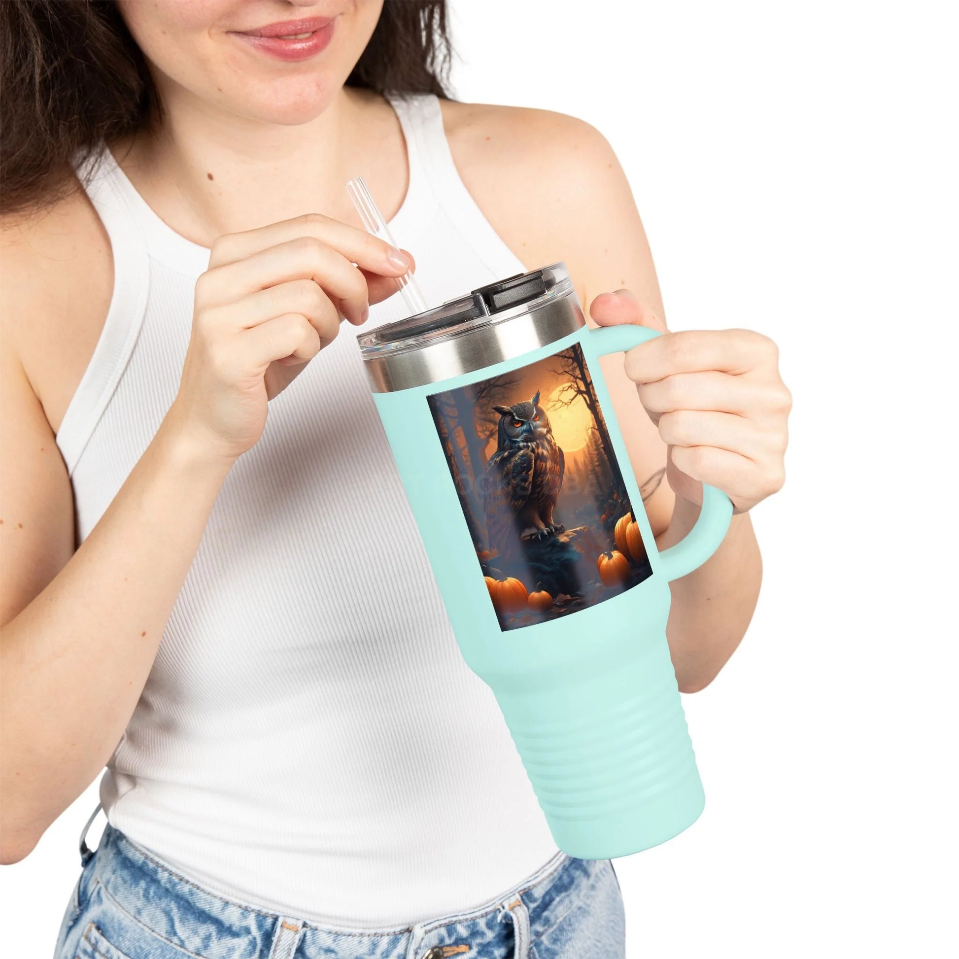 Owl in a Pumpkin Patch Insulated Travel Mug 40oz - Perfect for Nature Lovers Halloween Cozy Nights or Just a Daily