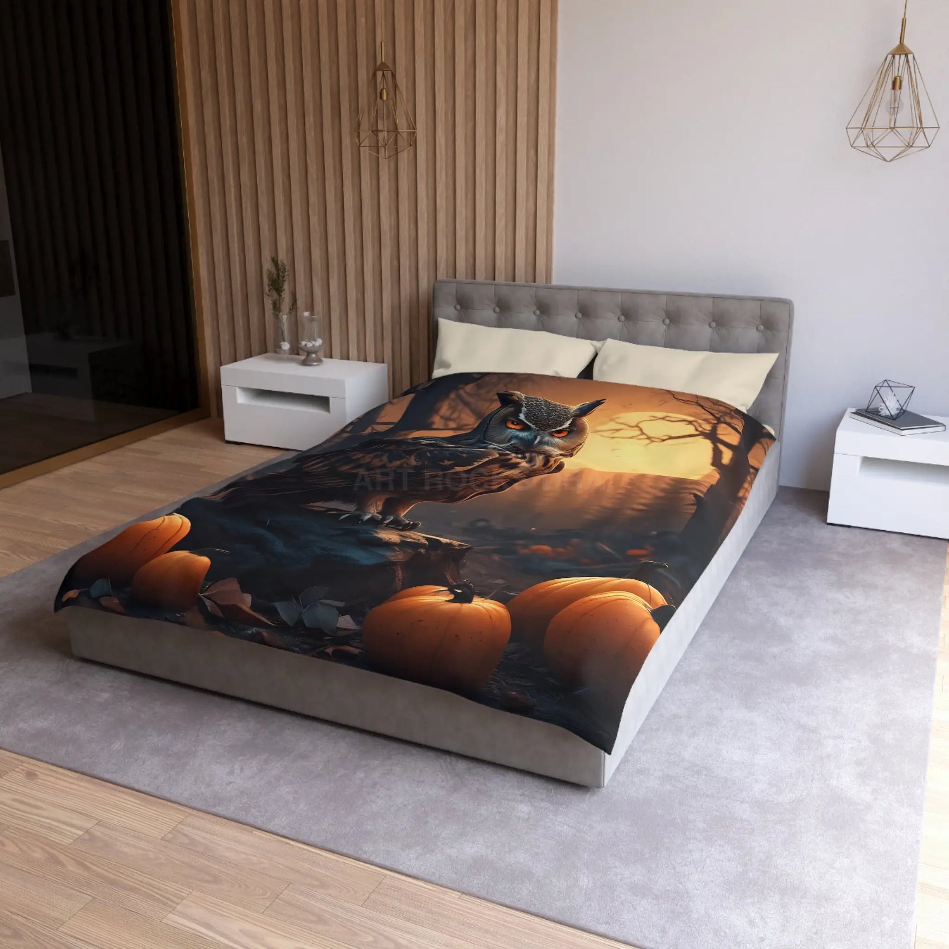 Owl & Pumpkin Microfiber Duvet Cover - Cozy Fall Decor Halloween Bedding Autumn Home Nature Lovers Gift Seasonal Decor