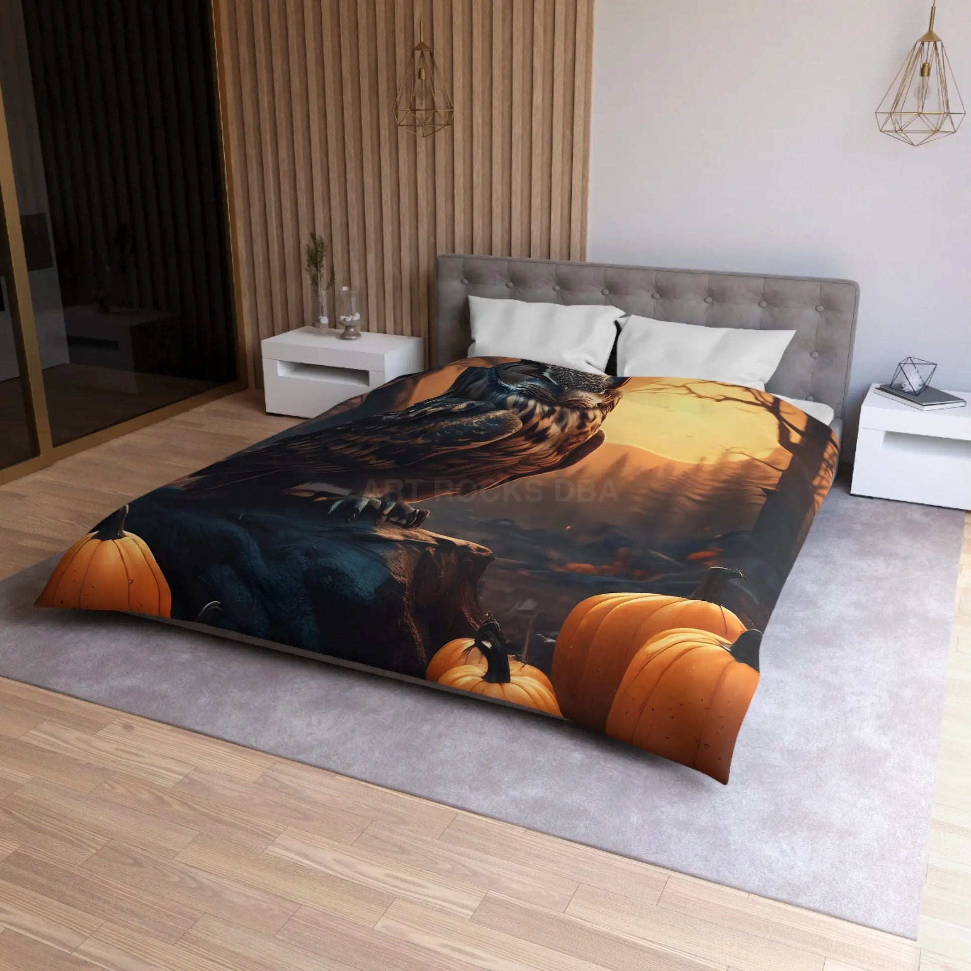 Owl & Pumpkin Microfiber Duvet Cover - Cozy Fall Decor Halloween Bedding Autumn Home Nature Lovers Gift Seasonal Decor