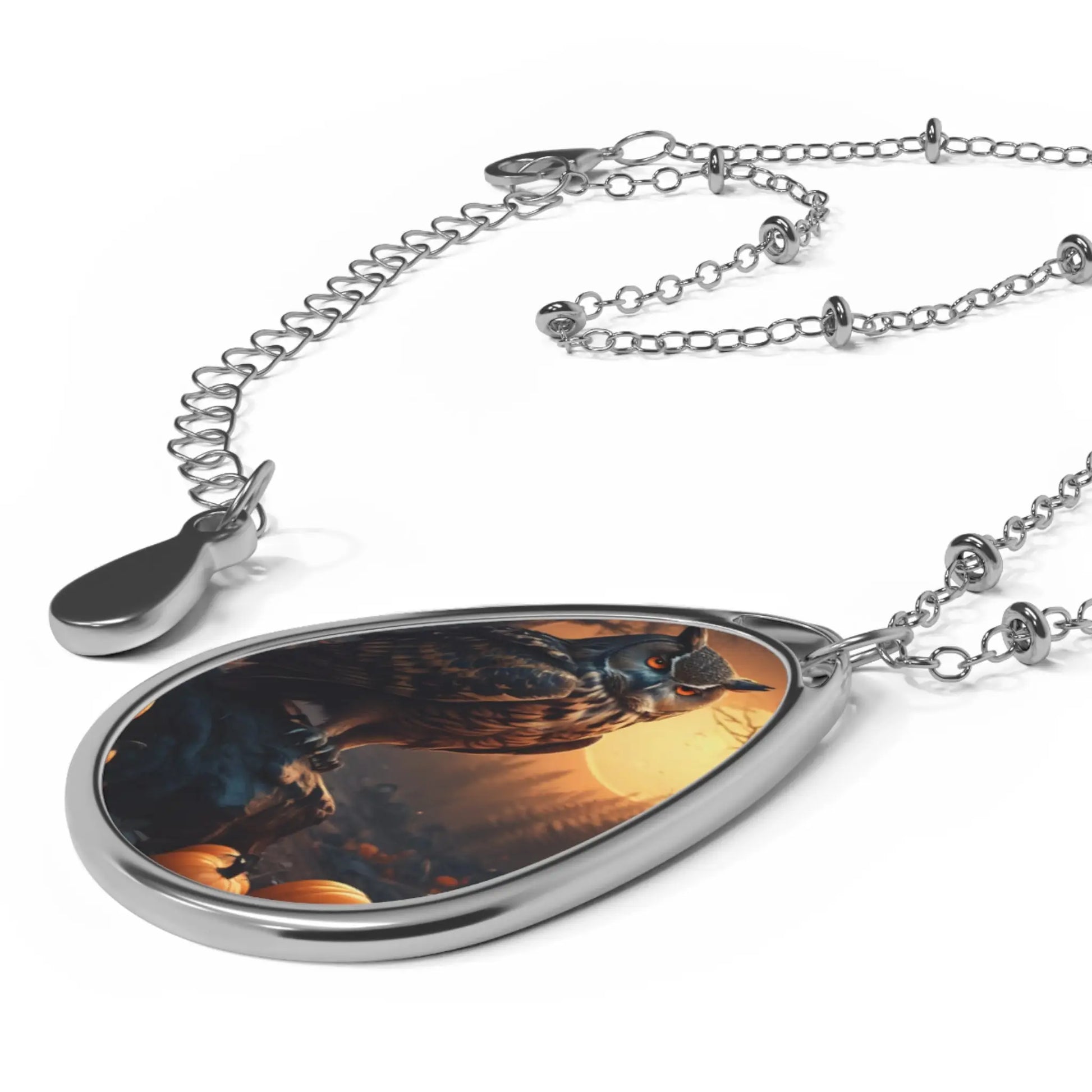 Owl Teardrop Pendant Necklace – Rustic Forest Owl Oval Jewelry - One Size / Silver - Accessories