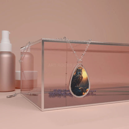 Owl Teardrop Pendant Necklace – Rustic Forest Owl Oval Jewelry - One Size / Silver - Accessories