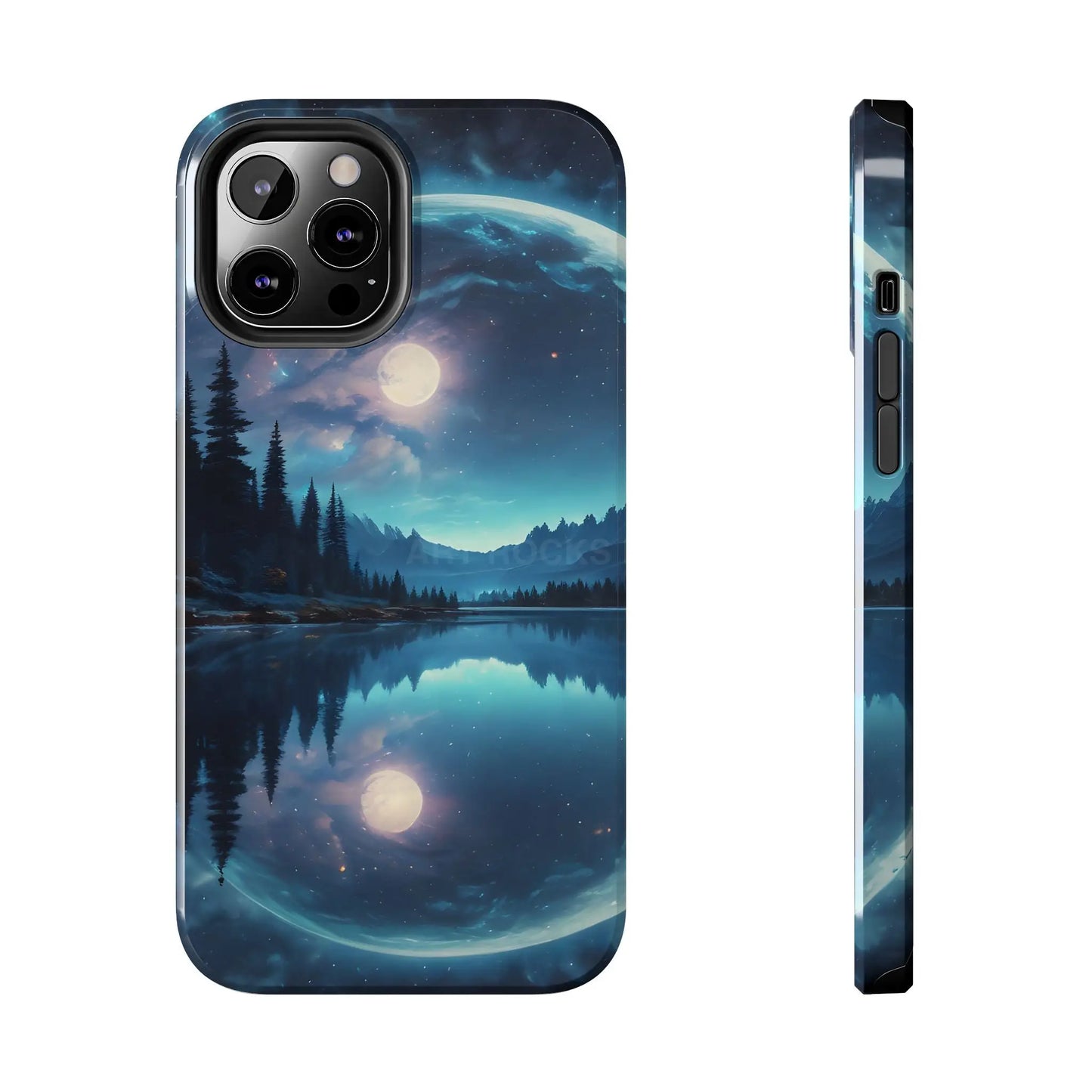 Peaceful Silvery Moon Over Lake Tough Phone Cases for Adventurers Galaxy Design Protective Mobile Cover Unique Gift