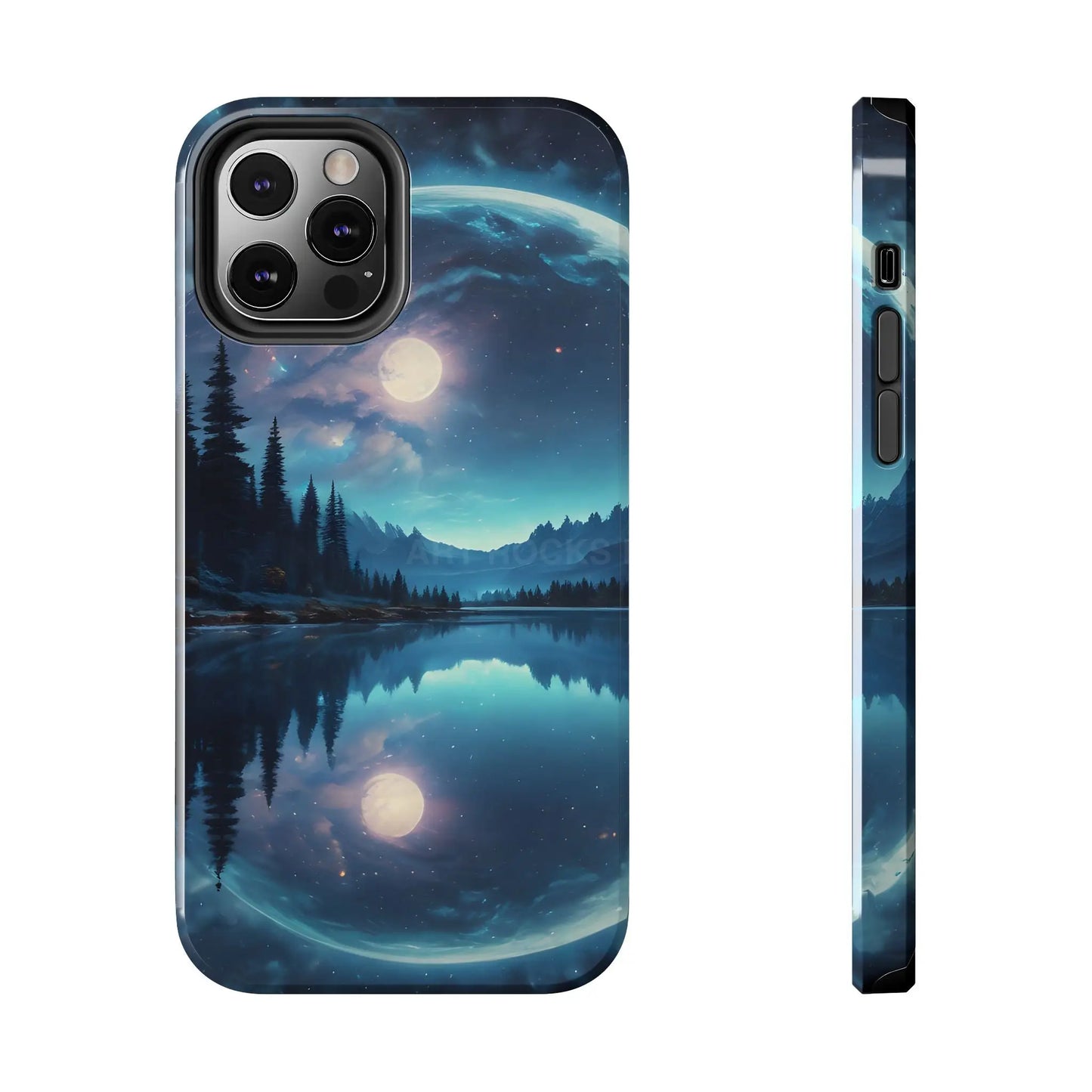 Peaceful Silvery Moon Over Lake Tough Phone Cases for Adventurers Galaxy Design Protective Mobile Cover Unique Gift