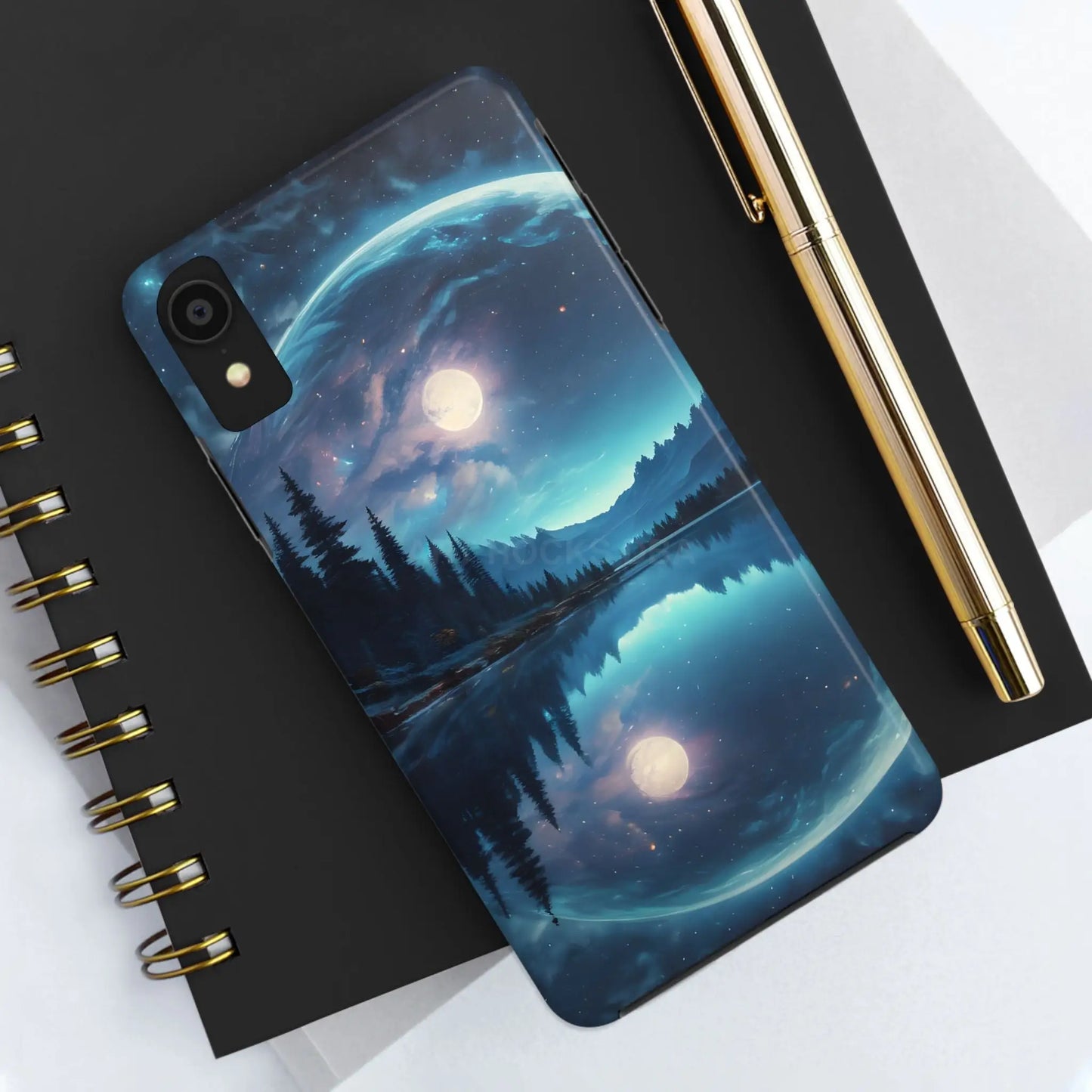 Peaceful Silvery Moon Over Lake Tough Phone Cases for Adventurers Galaxy Design Protective Mobile Cover Unique Gift