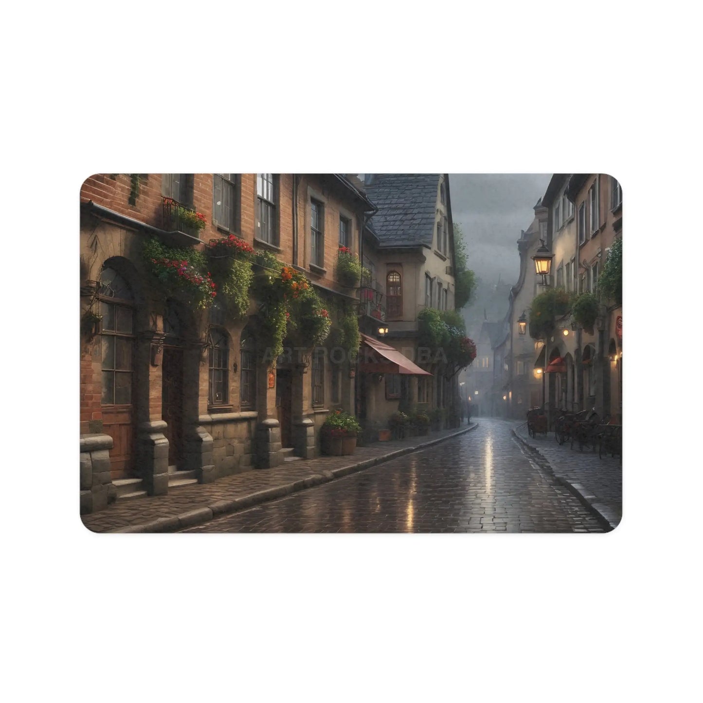 Pet Food Mat – Rainy Cobblestone Street Scene (12x18) - 12’’ × 18’’ / Rectangle - Pets