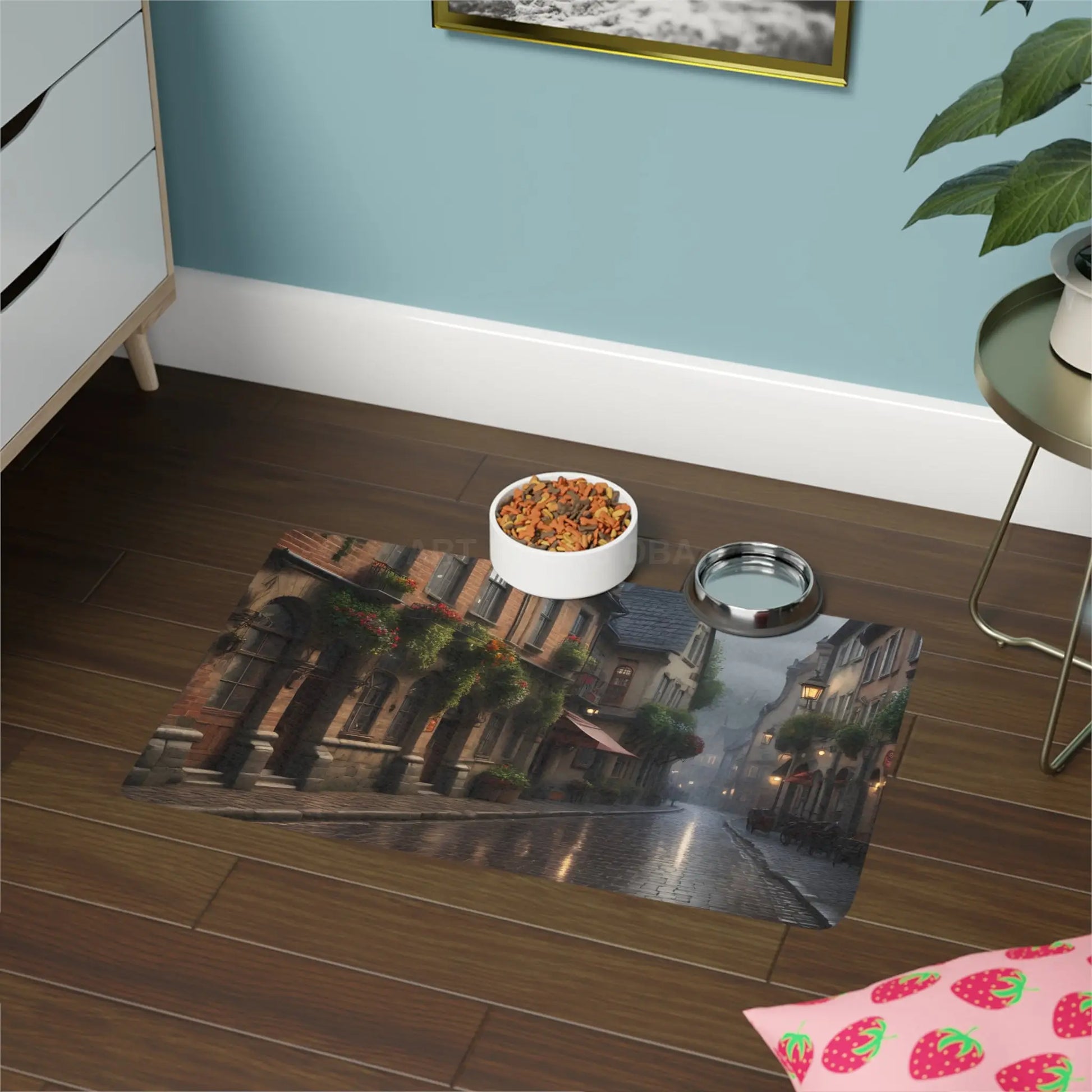 Pet Food Mat – Rainy Cobblestone Street Scene (12x18) - 12’’ × 18’’ / Rectangle - Pets