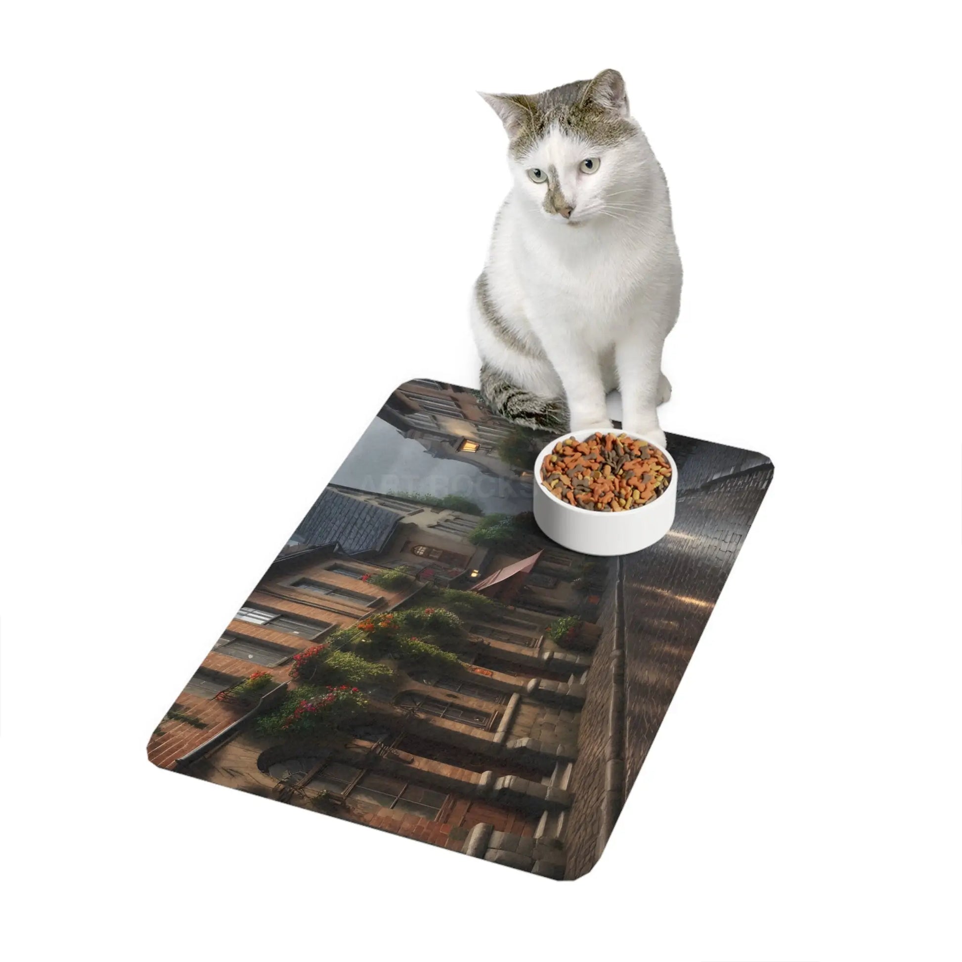 Pet Food Mat – Rainy Cobblestone Street Scene (12x18) - 12’’ × 18’’ / Rectangle - Pets
