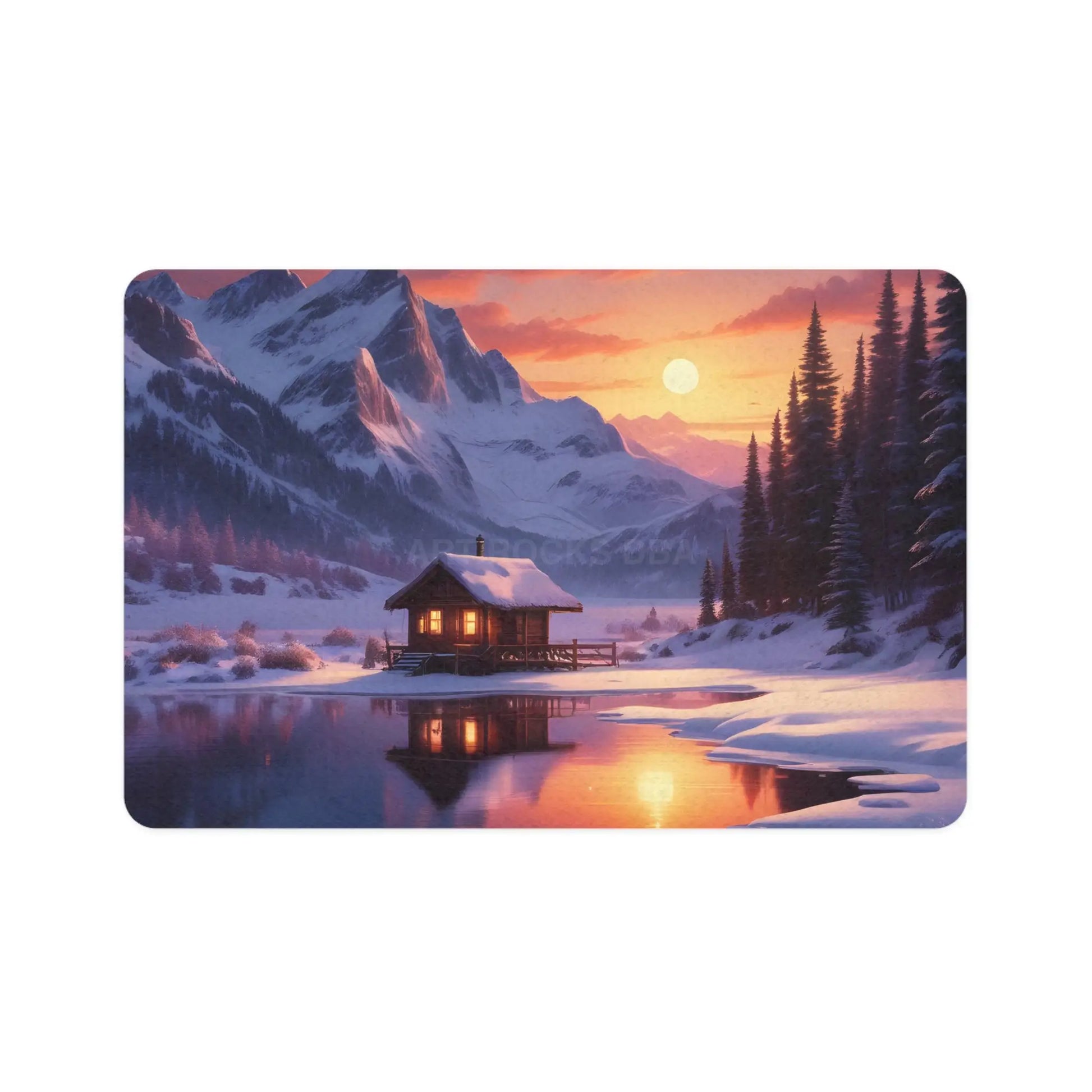 Pet Food Mat — Snowy Mountain Cabin Sunset (12x18) - 12’’ × 18’’ / Rectangle - Pets