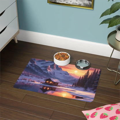Pet Food Mat — Snowy Mountain Cabin Sunset (12x18) - 12’’ × 18’’ / Rectangle - Pets