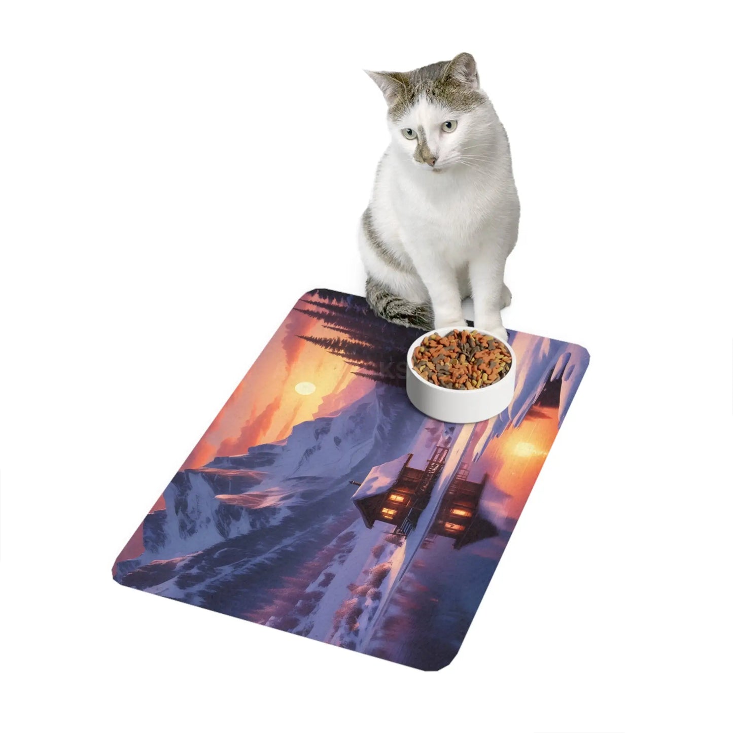 Pet Food Mat — Snowy Mountain Cabin Sunset (12x18) - 12’’ × 18’’ / Rectangle - Pets