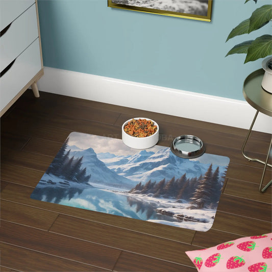 Pet Food Mat — Winter Mountain Lake Design (12x18) - 12’’ × 18’’ / Rectangle - Pets