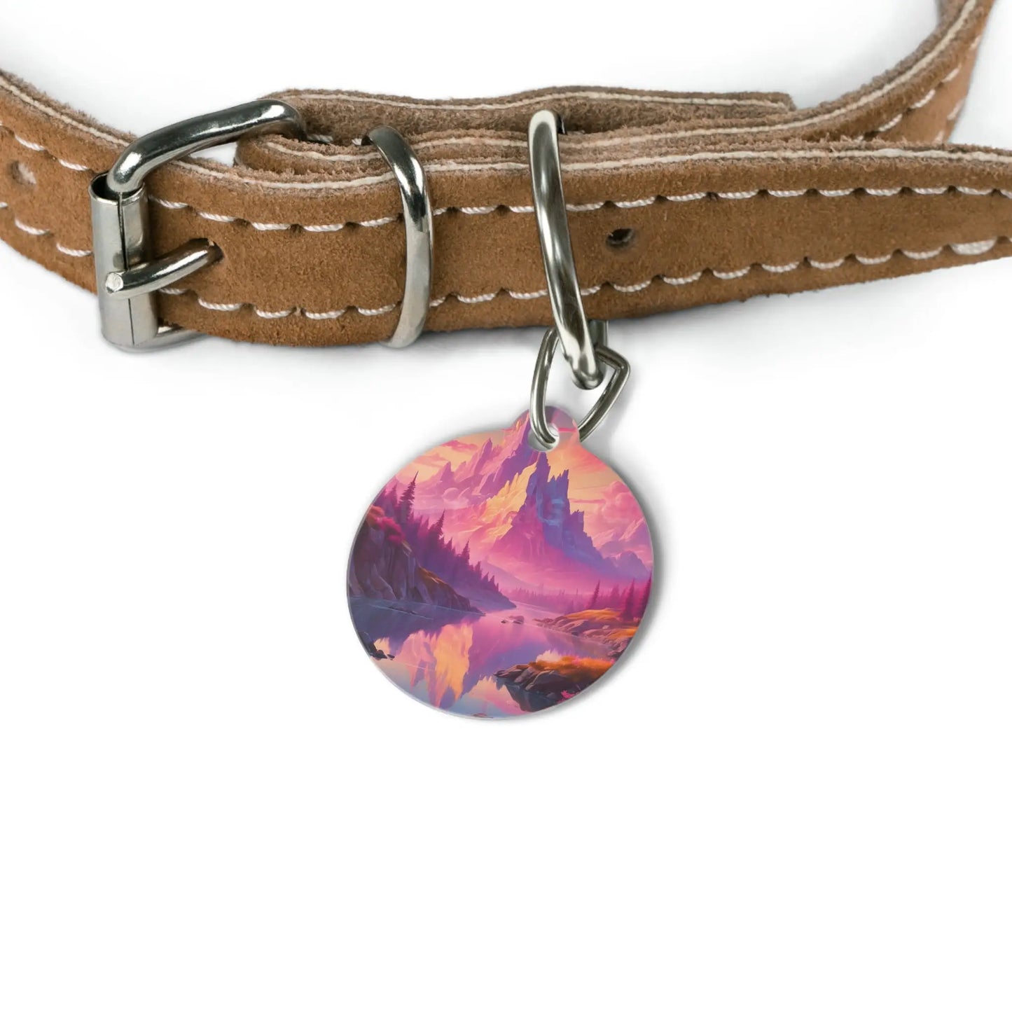 Pet Tag — Pink Sunset Fantasy Mountain Lake ID Tag - 1’’ - Pets