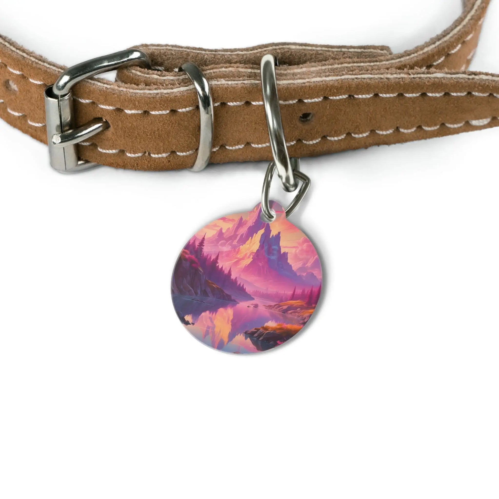 Pet Tag — Pink Sunset Fantasy Mountain Lake ID Tag - 1’’ - Pets