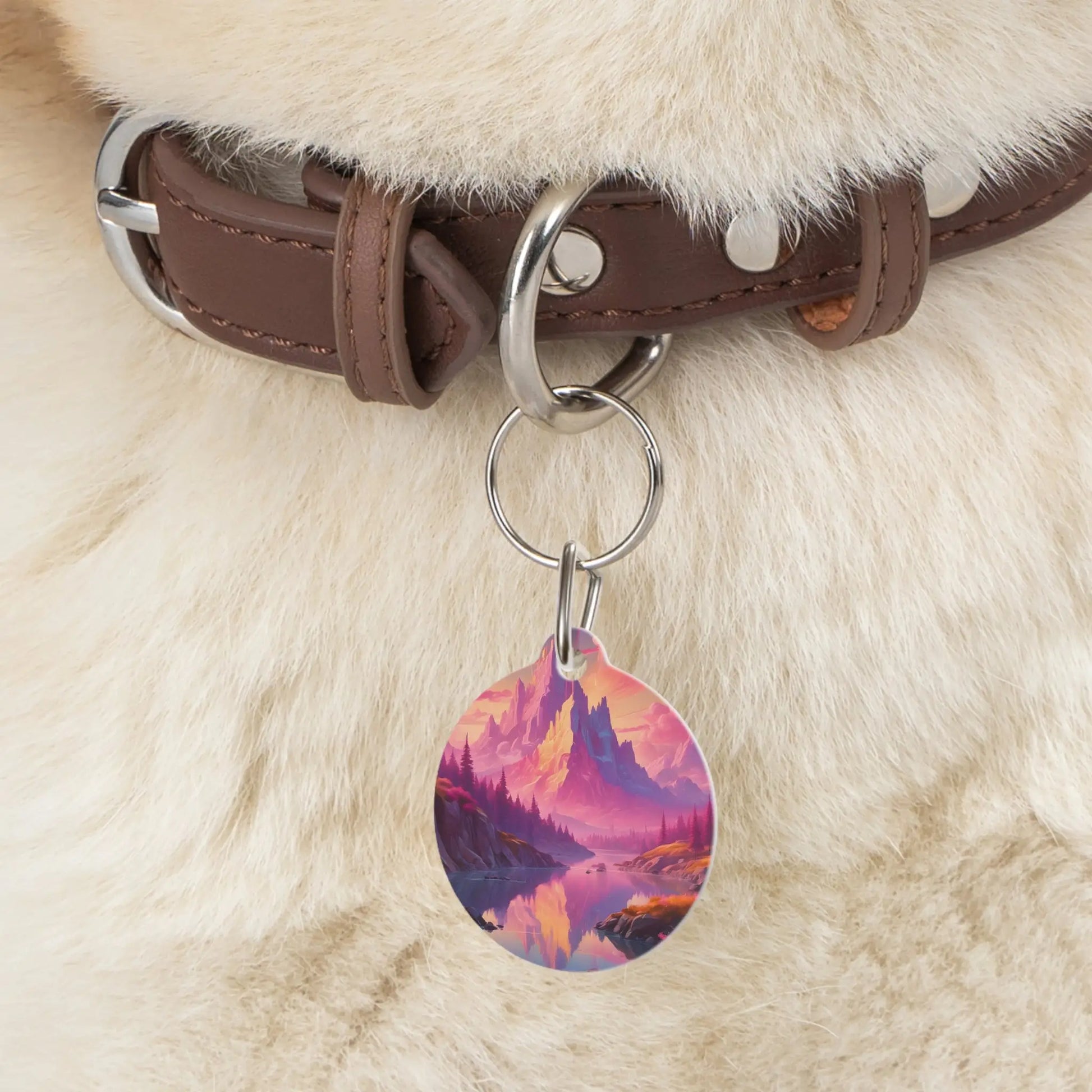 Pet Tag — Pink Sunset Fantasy Mountain Lake ID Tag - 1’’ - Pets