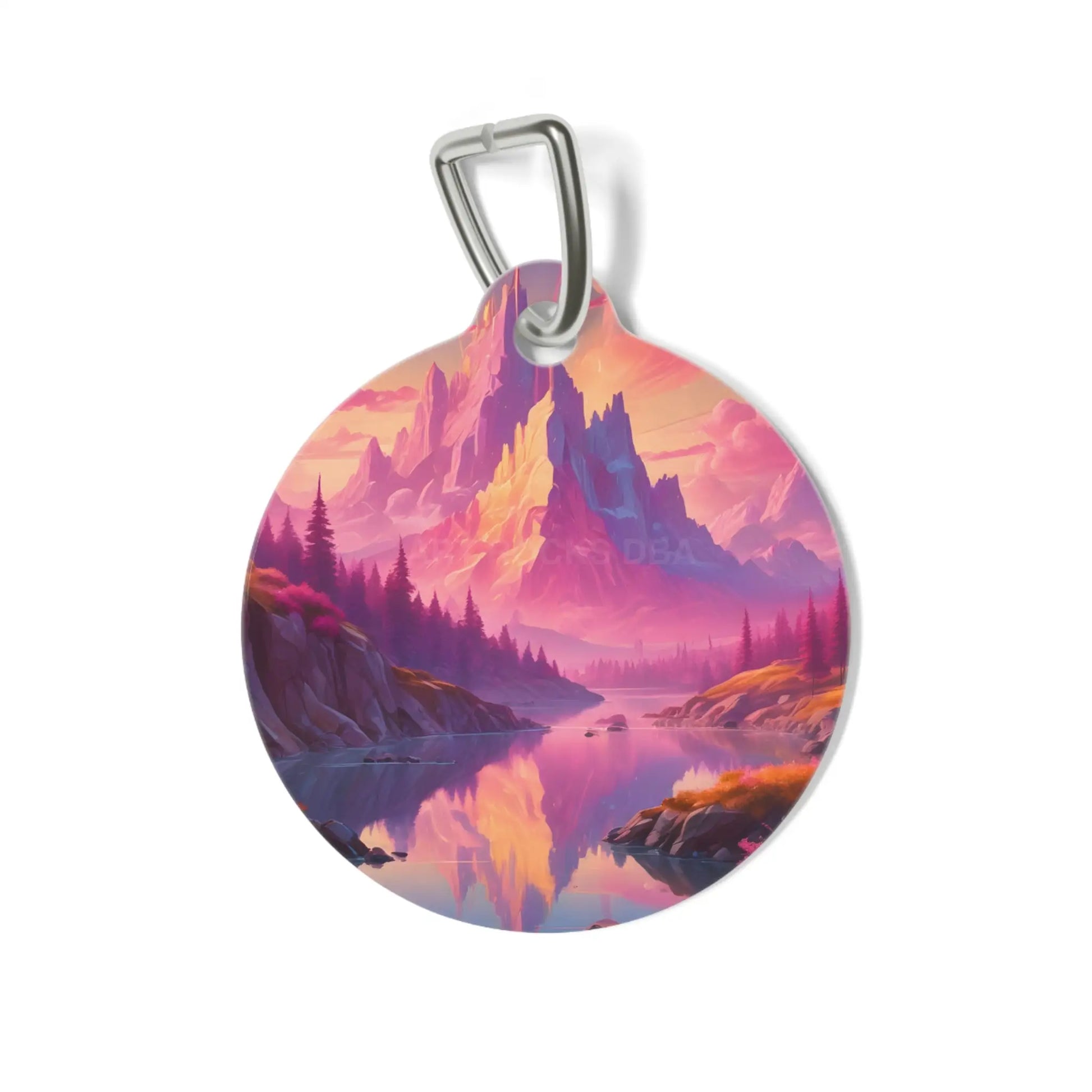 Pet Tag — Pink Sunset Fantasy Mountain Lake ID Tag - 1’’ - Pets