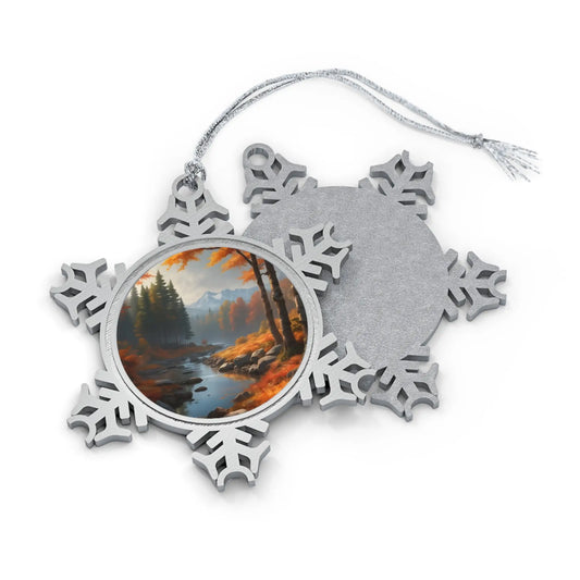 Pewter Snowflake Ornament — Scenic Autumn Mountain River Holiday Decoration - Snowflake / One Size - Home Decor