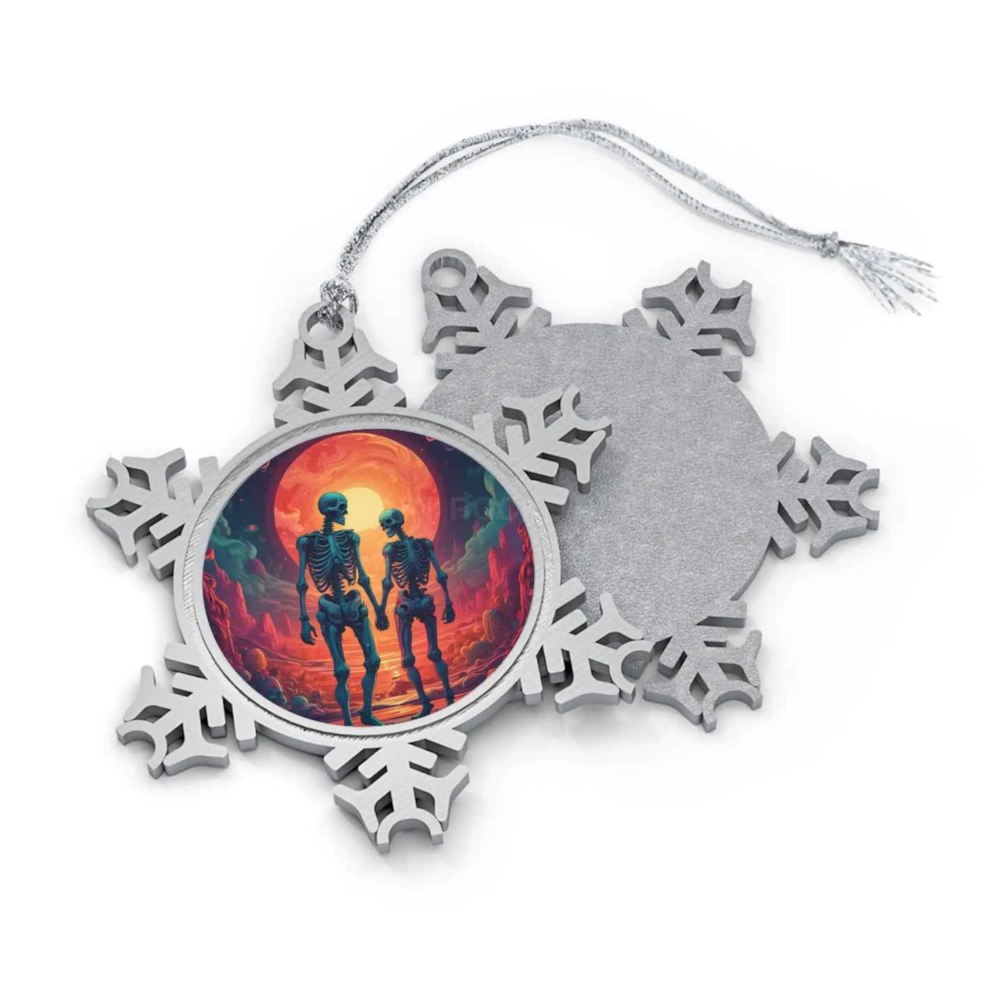 Pewter Snowflake Ornament — Skeletons in Love Couple Sunset Design - Snowflake / One Size - Home Decor